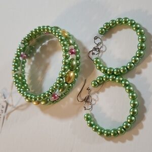 Hand Crafted Wrap Bracelet and Earrings Set Pearl Green Pink Yellow